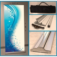 33.5" x 80" retractable promotional cartridge vinyl banner stand.... from ASI...