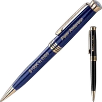 Ballpoint pen with gold accents and a full color logo displayed... from ASI...