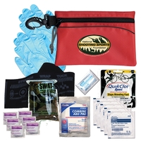 Nylon pouch filled with clotting gauze, tourniquet, gauze roll, protective...