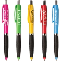 Plunger action ballpoint pen with hourglass shape, textured rubber grip...