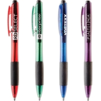 Ballpoint pen with hourglass shaped translucent barrel, ribbed grip and...