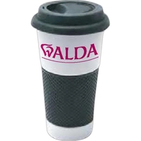 16 Oz. white ceramic tumbler with black silicone lid and rubber... from ASI...