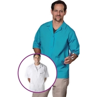 White Unisex smock that features 2 lower patch pockets, 4 color-matched......