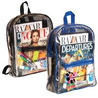 Clear backpack with adjustable shoulder straps and zippered front pocket.......