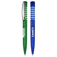 Glossy translucent barrel pen with large metal clip and accents.... from ASI...