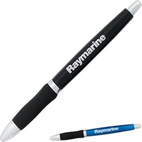 Metallic colored retractable pen with chrome trim and black curved grip.......
