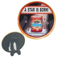 6" round Celluloid 2 piece easel back shape button with a... from ASI 93520...