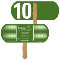 Digital printed bandage/pill shape auction fan with visible wooden stick.......