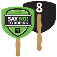 Digital printed shield shape auction fan with visible wooden stick.... from...