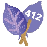Digital printed leaf shape auction fan with visible wooden stick.... from ASI...