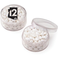Customizable acrylic round container filled with white mints... from ASI...