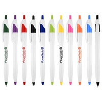 White barrel plastic pen with colored accents curvaceous contoured ....