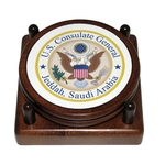 Round Wood 2 Coaster Set w/ Leather Inlay and 4-Color Print