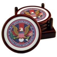 Round Wood 4 Coaster Set with Leather Inlay and 4-C Print