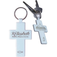 White cross shape key tag, with tempered spring steel split ring.... from ASI...
