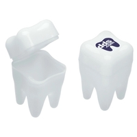 White tooth shaped container to protect lost teeth; custom imprinting on......