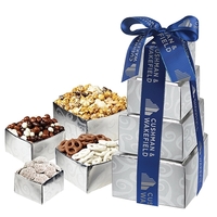 A tower of boxes containing treats including various types of popcorn,......