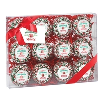 12 pack of chocolate covered Oreos® featuring holiday nonpareil sprinkles...
