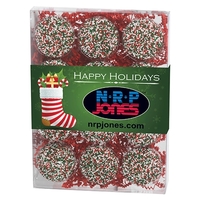 Twelve pack of chocolate covered Oreos® featuring holiday nonpareil...