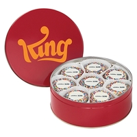 Colorful tin filled with 13 chocolate covered Oreo® cookies topped with......