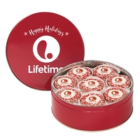Colorful tin filled with 13 chocolate covered Oreo® cookies topped with......