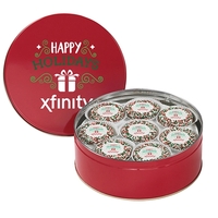 Colorful tin filled with 13 chocolate covered Oreo® cookies topped with......