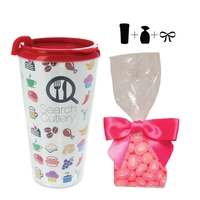Travel mug cup, container, drinkware with corporate color jelly bean...