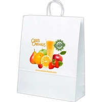 White kraft paper shopper with twisted paper handles and serrated cut... from...