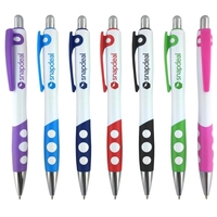 Click-action ballpoint pen with white barrel, color rubber grip and...
