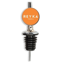 Chrome and rubber liquor bottle pourer with spout and full color... from ASI...