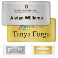 Quality personalized metal name badge with a domed resin finish, digitally......