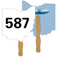 Digital printed Ohio State shape auction fan with visible wooden stick.......