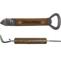6" bottle/can opener that's made of stainless steel with a wooden... from ASI...