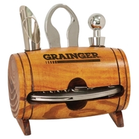 Four piece wine accessory kit in barrel-shaped wooden storage unit.... from...