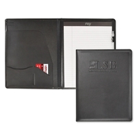 Black, stitched, padded, leather-like desk folder measuring 12.5"H x 9.77"W...