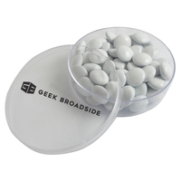 Small round clear acrylic filled with 1.5 oz. of chocolate buttons.... from...