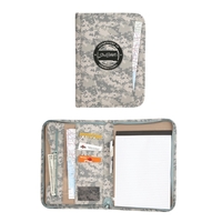 Camouflage padfolio features an exterior slash pocket, zippered main...