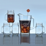 Pitcher and Handled Jar Glass Set - Deep Etched