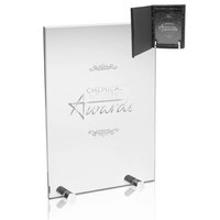 Customizable small jade glass award with double stand; includes gift box......