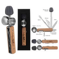 Beechwood-handled 10-in-1 cocktail utensil with stainless steel...