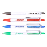 Plastic click-action pen with white barrel, translucent colored inner tube...