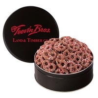 Medium sized tin filled with chocolate covered pretzels with Corporate...