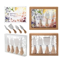 Customizable cheese board and knife set with four stainless steel knives......