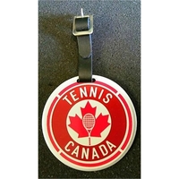 2 3/4" Round Aluminum Bag Tag with a leather strap