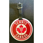 2 3/4" Round Aluminum Bag Tag with a leather strap