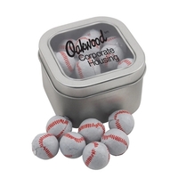 Large Metal Tin with Window Lid and Chocolate Baseballs... from ASI 44900 NC...