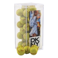 Chocolate Tennis Balls in a Clear Acrylic Box- 2.25" x 2.25"... from ASI...