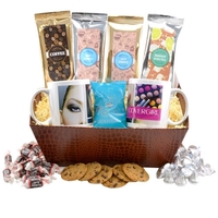 A customizable gift tray featuring white 11oz. mugs, tea, hot chocolate......