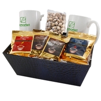Gift tray filled with two 11 oz. white mugs, coffee, tea,... from ASI 44900...