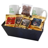Gift tray filled with two 11 oz. white mugs, coffee, tea,... from ASI 44900...